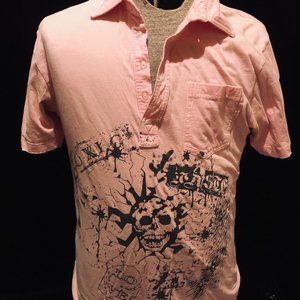 Toxic Waste Pink Polo Shirt w Skulls and Glow In Dark Skull Medium M Shirt